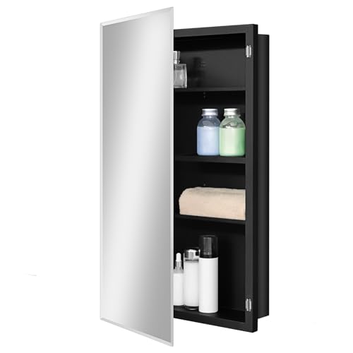 Black Metal Medicine Cabinet, 18 x 30 Beveled Mirror, Recessed Wall Storage | Bathroom Mirror Cabinet with Adjustable Staggered Shelves, Piano Hinge, Left/Right Swing, Fully Assembled, Matte Black Finish - color: Black, size: 18 x 30