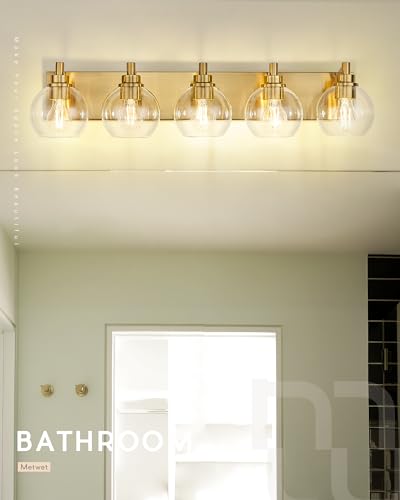 5-Light Brushed Gold Bathroom Vanity Light, Clear Glass Globe Shade | 32" modern bathroom light fixtures over mirror, E26 base, bulbs not included, VL195-BG-CL-5 - color: Brushed Gold, Clear Glass, size: 5-light