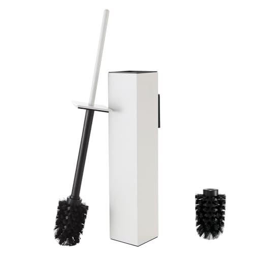 Toilet Brush and Holder Wall Mounted, White Aluminum with 2 Replaceable Heads, Bathroom Toilet Brush, Drill or 3M Adhesive Mount for Bathroom - color: White-wall Mounted