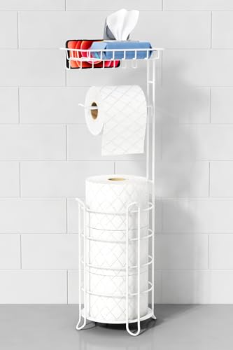 Goozii White Toilet Paper Holder Stand with Shelf, Free Standing Bathroom Tissue Holder for Large Mega Rolls, Metal Floor Toilet Paper Roll Holder with Wipes Storage and Phone Tray (White) - color: White