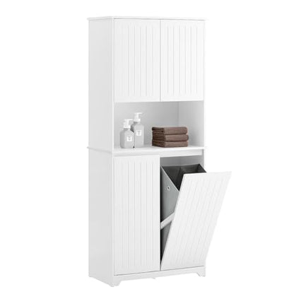 SoBuy Double Tilt Out Laundry Hamper Cabinet, 27.6 x 14.6 x 36.9 in, White | Double Tilt Out Laundry Storage Cabinet With Adjustable Shelves, Tall Cabinet With Hidden Pull Out Baskets, SO2-BZR150-W - color: White, size: Tall