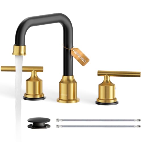 WOWOW Black Gold Bathroom Faucet 3 Hole, Widespread Vanity Sink Faucets | Copper Inlet 8 Inich Faucet for Bathroom Sink with Swivel Spout, 2 Handles Lavatory Tap with Drain and cUPC Supply Line - color: Black and Gold, style: Upgrade-8 Inch