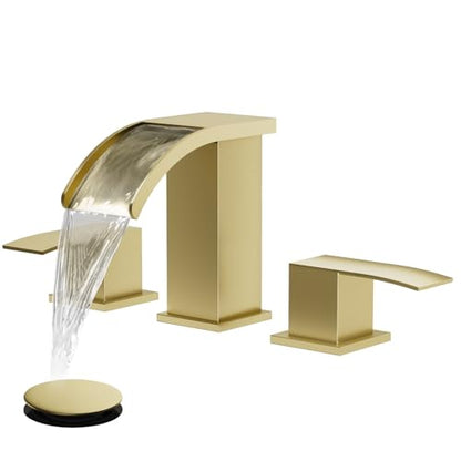 gotonovo Waterfall Bathroom Faucet 3 Hole Square Body,Brushed Gold | SUS304 8’’ Widespread Bathroom Sink Faucet,2.17’’ Wide Spout,24’’ cUPC Hose,Pop Up Drain,2 Handle,Vanity,Lavatory,Basin,RV - color: Gold