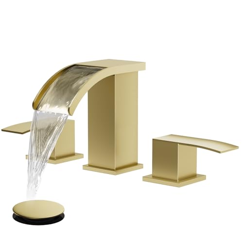 gotonovo Waterfall Bathroom Faucet 3 Hole Square Body,Brushed Gold | SUS304 8’’ Widespread Bathroom Sink Faucet,2.17’’ Wide Spout,24’’ cUPC Hose,Pop Up Drain,2 Handle,Vanity,Lavatory,Basin,RV - color: Gold
