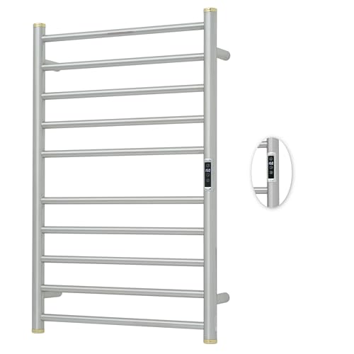 Electric Towel Warmer Rack,Heating Towel Warmer,Timer & Temperature Control,Wall-Mounted Plug-in for Bathroom,Brushed,Stainless Steel,10-Bar(31.5x20.08x4.41in) - color: Round-matte Brushed With Gold Top, size: 10 Bars