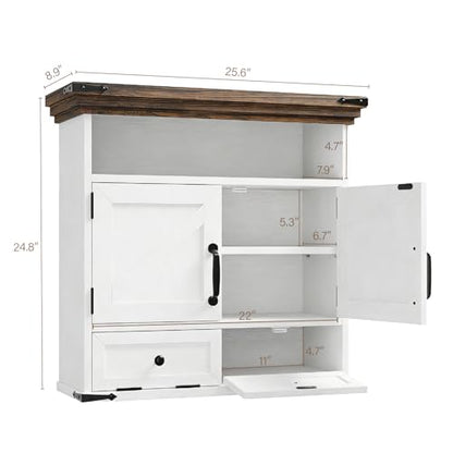 Bathroom Wall Cabinet, Farmhouse Medicine Cabinet with Door, 8.9"D x 25.6"W x 24.8"H, Wall Mounted Bathroom Cabinet with Adjustable Shelf, Wall Storage Cabinet for Laundry Room & Kitchen(White) - size: 8.9"D x 25.6"W x 24.8"H