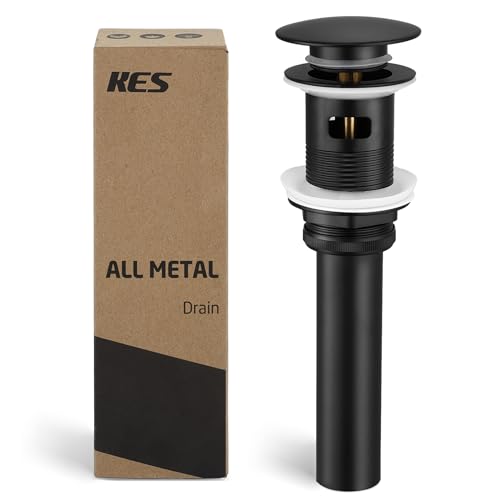 KES Bathroom Sink Drain with Overflow Pop Up Matte Black Brass & Stainless | 304 Stainless Steel & Brass Pop-Up, Rustproof 3-Piece Anti-Leak Seal, Fits 1.6-1.9" Hole, Adapter & PTFE Tape Included - color: Matte Black, style: With Overflow, 1 Pack