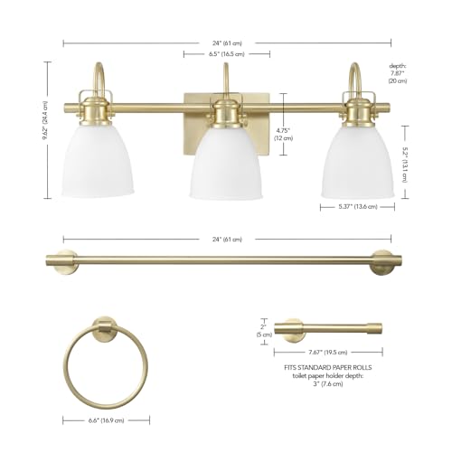 Globe Electric 4-Piece All-in-One Bathroom Set, Matte Brass, 3-Light Vanity Light with Frosted Opal Glass Shades, Towel Bar, Toilet Paper Holder, Towel Ring - color: Matte Brass, Frosted Opal Glass