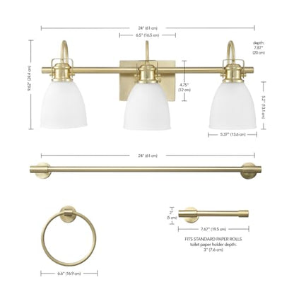 Globe Electric 4-Piece All-in-One Bathroom Set, Matte Brass, 3-Light Vanity Light with Frosted Opal Glass Shades, Towel Bar, Toilet Paper Holder, Towel Ring - color: Matte Brass, Frosted Opal Glass
