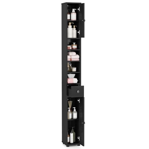 LDAILY 71”Tall Narrow Storage Cabinet, Skinny Bathroom Storage with 1 Drawer, 2 Doors, 5 Adjustable Shelves and Anti-Tipping Device, Wooden Slim Bathroom Cabinet for Office, Kitchen, Small Space - color: Dark