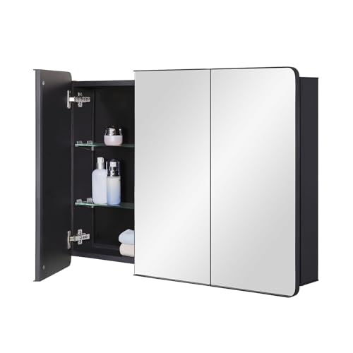 Bathroom Mirror Medicine Cabinet with Round Corner Framed Door 36 x 26 inch, Black，Recessed or Surface Mount, with Adjustable Glass Shelves - size: 36 x 26 inch