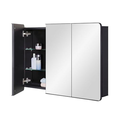 Bathroom Mirror Medicine Cabinet with Round Corner Framed Door 36 x 26 inch, Black，Recessed or Surface Mount, with Adjustable Glass Shelves - size: 36 x 26 inch