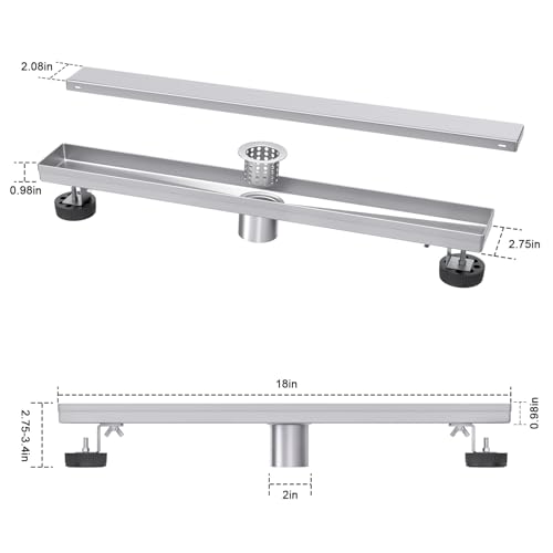 EXF Linear Shower Drain 18 Inch Brushed Nickel with Tileable Cover | 304 Stainless Steel, V-Slope Design, Debris Strainer, Seamless, Adjustable Height - color: Brushed Steel, size: 18 IN