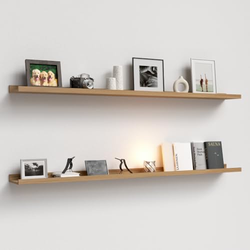 Boswillon Floating Shelves Set of 2, Long Wall Shelf with Lip, 56in, Oak | Display Ledge Shelf for Room Wall, Wall Decor Shelves for Bathroom, Living Room, Bedroom, Kitchen, Nursery Room, Rustic, Wood - color: Oak, size: 55.1 in