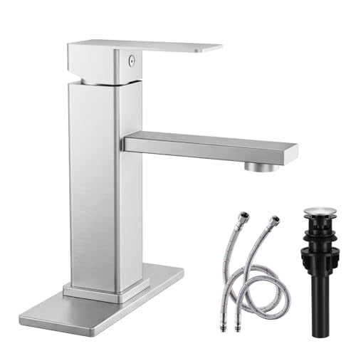 Jlorilaisa Brushed Nickel Bathroom Faucet Single Hole with Pop-Up Drain | Single Handle Bathroom Sink Faucet with Deck Plate, Suitable for RV, Farmhouse, Vanity Sinks, 1 or 3 Hole Installation - color: Brushed Nickel