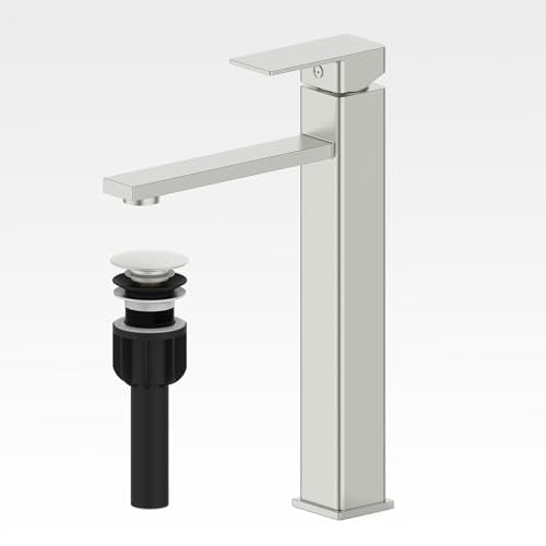 Bathroom Faucets, Brushed Bathroom Sink Faucet Set with Pop Up Drain, Single Hole Single Handle High Barrel Sink Vanity Faucet, Stainless Steel Lead-Free - color: 2.Brushed Sealing Glaze, style: Tall