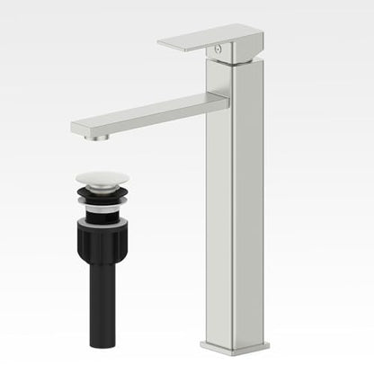 Bathroom Faucets, Brushed Bathroom Sink Faucet Set with Pop Up Drain, Single Hole Single Handle High Barrel Sink Vanity Faucet, Stainless Steel Lead-Free - color: 2.Brushed Sealing Glaze, style: Tall