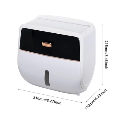 Toilet Paper Holder Wall Mount, Self Adhesive Paper Towels Holder with Drawer and Shelf Watertight Tissue Dispenser Semi-Auto Switch Toilet Tissue Roll Holders for Bathroom(Black)