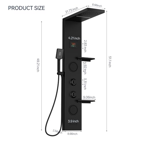 Homevacious 4 In 1 Shower Panel System with Shelf Matte Black | LED Rain Shower Head Adjustable Massage Body Jets 3 Functions Handheld Head Tub Spout Stainless Steel - color: Matte Black, style: LED Shower Panel