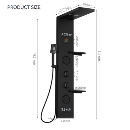 Homevacious 4 In 1 Shower Panel System with Shelf Matte Black | LED Rain Shower Head Adjustable Massage Body Jets 3 Functions Handheld Head Tub Spout Stainless Steel - color: Matte Black, style: LED Shower Panel