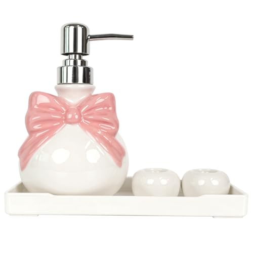 Pink Bathroom Accessories Ceramic Pink Bow Bathroom Set for Bathroom Vanity - Includes Tray, Soap Pump, Toothbrush Holder - color: Pink