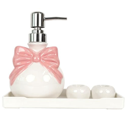 Pink Bathroom Accessories Ceramic Pink Bow Bathroom Set for Bathroom Vanity - Includes Tray, Soap Pump, Toothbrush Holder - color: Pink