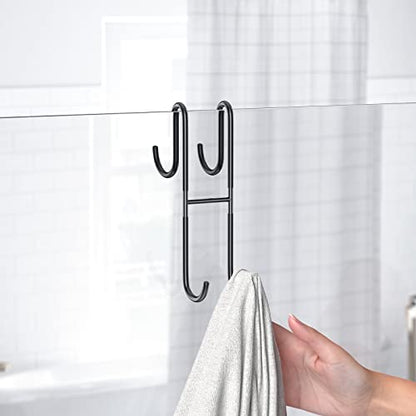 Over Shower Glass Door Hook, 2 Pack Black Stainless Steel Extended Shower Door Hooks, Bathroom Frameless Drilling-Free Hanger, Double Side Towel Hooks - color: Black