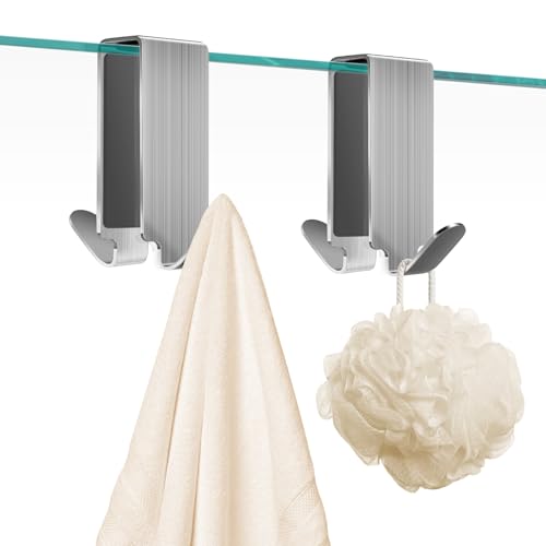 Shower Door Hooks for Towels, 2 Packs | Heavy Duty Drilling-Free Double Sided Towel Hooks for Bathroom Frameless Glass Door, Over the Door Towel Hooks - size: 2 PCS