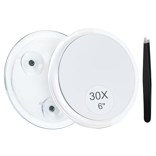 MIYADIVA 30X Magnifying Mirror Suction Cup for Easy Mounting, Use for Makeup Mirror, Travel Stick on Shower Mirror for Plucking Eyebrows 6 Inch | Magnifying Makeup Mirror for Eyebrow Plucking, Eyeliner Detail Makeup, Strong Suction Cup, Precision Tweezer,