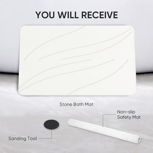Jiloma Stone Bath Mat Diatomaceous Earth Shower Mat Non-Slip Super Absorbent Bathroom Floor Mat Quick Drying Natural Easy to Clean(24 * 16 White)
