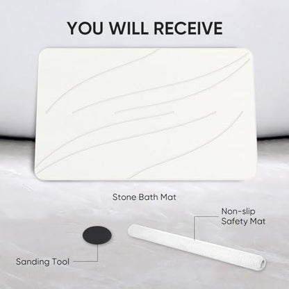 Jiloma Stone Bath Mat Diatomaceous Earth Shower Mat Non-Slip Super Absorbent Bathroom Floor Mat Quick Drying Natural Easy to Clean(24 * 16 White)