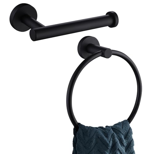 Matte Black 2-piece Bathroom Hardware Set, Solid Stainless Steel | Rust-resistant Bathroom Accessories Set for Bathroom Restroom Sink, Swivel Towel Ring, Toilet Paper Holder, Wall Mounted - color: Matte Black Round Shape