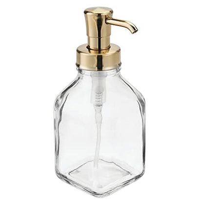 mDesign Square Glass Refillable Liquid Soap Dispenser Pump Bottle for Bathroom Vanity Countertop, Kitchen Sink - Holds Hand Soap, Dish Soap, Hand Sanitizer, Essential Oils - 2 Pack - Clear/Soft Brass - color: Clear/Soft Brass