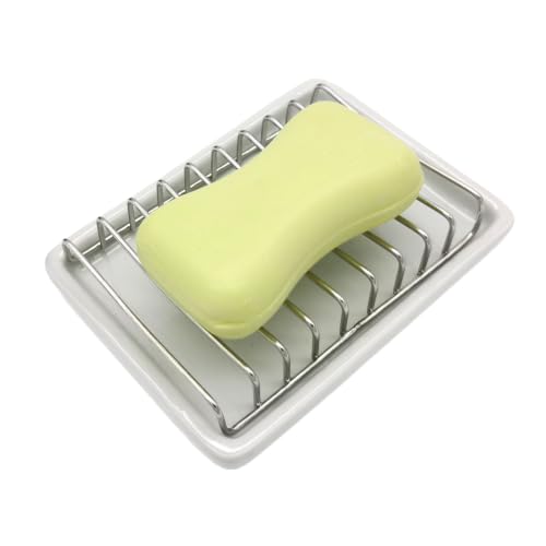 Ceramic Soap Dish with Stainless Steel Drain Tray Self Draining Soap Holder Sponge Holder Soap Dishes for Shower, Bathroom, Kitchen Sink - color: C-white