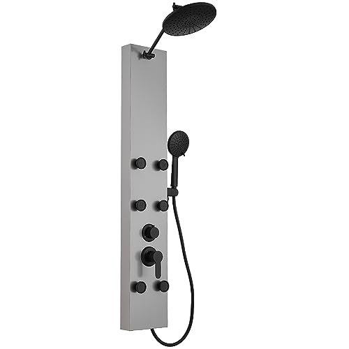 Rainfall Shower Head Shower Tower System Adjustable Head 9 Inch Round,Stainless Steel with 6 Body Jets Massage, 3 IN 1 Bathroom Shower Wall Mount, Brushed Nickel and Black - color: Brushed Nickel with Black