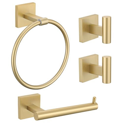 Towel Ring Set 4 Piece Bathroom Hardware Set Includes Towel Ring 2 Towel Hooks and Toilet Paper Holder Stainless Steel Wall Mounted (Brushed Gold) - color: Brushed Gold, size: Set C