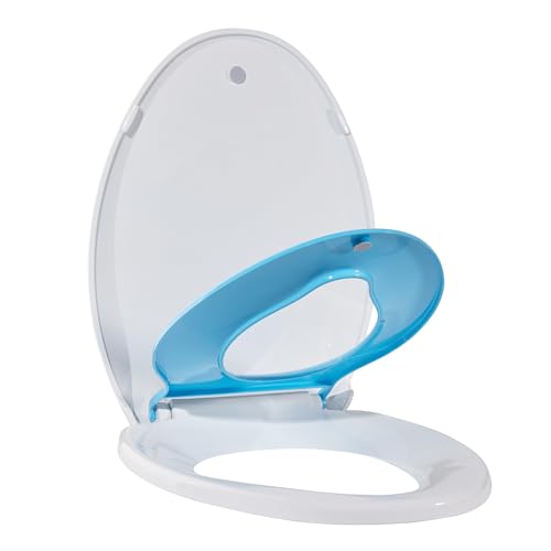 19" Elongated Potty Training Toilet Seat, Built-In Soft Quiet-Close Lid with Magnetic Blue Kids Seat and Non-Slip Design, Easy to Install and Clean - color: Blue, with Toddler Seat, size: Elongated (19″)