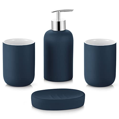 Bathroom Accessories Set, Blue, 4 Pieces | Vanity Countertop Ceramic, Lotion Dispenser Soap Pump, 2 Tumbler, Soap Dish