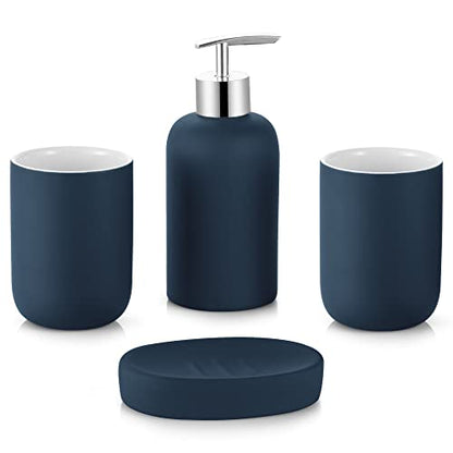 Bathroom Accessories Set, Blue, 4 Pieces | Vanity Countertop Ceramic, Lotion Dispenser Soap Pump, 2 Tumbler, Soap Dish