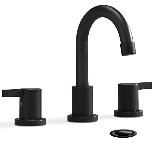 8 Inch 3-Hole Low-Arch 2-Handle Widespread Bathroom Faucet with Valve and Metal Pop-Up Drain Assembly,Matte Black, WF15-1-MB - color: Black