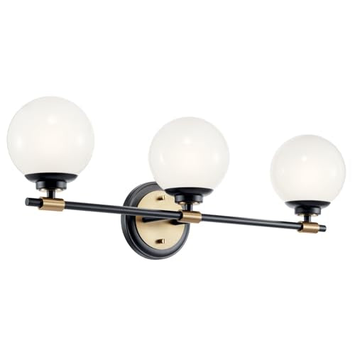Kichler Benno 3-Light Bathroom Vanity Light Fixture with Opal Glass, Modern LED Lighting in Black and Champagne Bronze for Bathroom or Powder Room (8.75 x 24.5 in), 55172BKCPZ - color: Black and Bronze, size: 24.25"