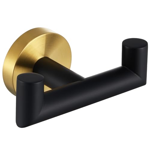 Angle Simple Double Towel Hook, Stainless Steel Hand Towel Holder for Bathroom, Coat Hook for Wall, Black and Gold - color: Black & Gold, size: 1 Pack