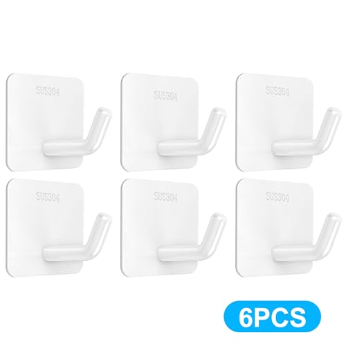 Adhesive Towel Hooks Heavy Duty Wall Hangers 6 Pack, Waterproof Stick-On Towel Holders for Bathroom, Kitchen, or Home Use, Stainless Steel Self-Adhesive Hooks for Hanging, White