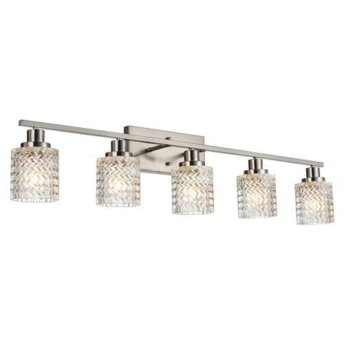 MELUCEE 5 Lights Brushed Nickel Bathroom Light Fixture with Hammered Glass | Modern Light Fixtures Wall Mounted Vanity Lighting with Hammered Glass Shade Suitable for Bathroom Mirror Sink Cabinet - color: Brushed Nickel, size: 5 Lights