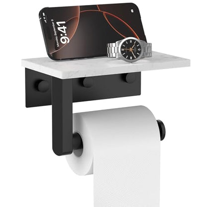 Matte Black Toilet Paper Holder with Marble Shelf Tissue Roll Holder | 304 Stainless Steel Wall Mounted Toilet Paper Roll Holder Screw-Mounted Tissue Holder for Bathroom Washroom by BATHLAVISH - color: Matte Black