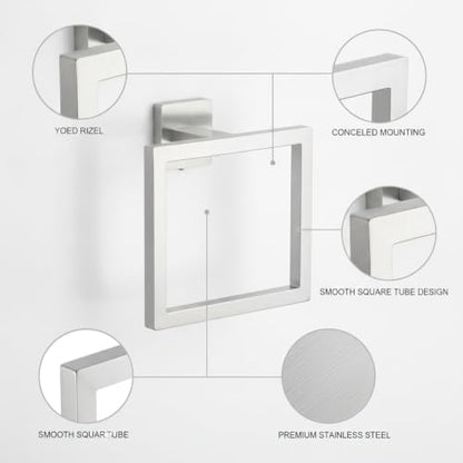 6.3 x 5.1 Inch Square Tube Towel Ring, Stainless Steel Wall Mount Hand Towel Holder for Bathroom Sink Vanity