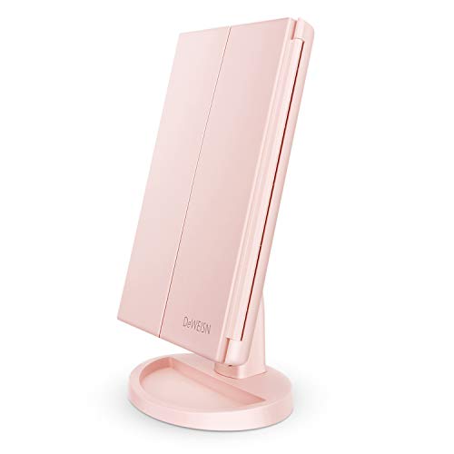 Tabletop Mount Tri-Fold Lighted Vanity Mirror with 21 LED Lights, Touch Screen and 3X/2X/1X Magnification, Two Power Supply Modes Make Up Mirror,Travel Mirror - color: Pink