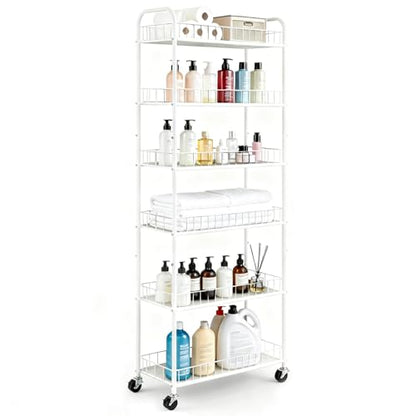 10in Slim Storage Cart, Metal 6-Tier Narrow Rolling Shelf, Sturdy Slim Storage with Hooks Ideal for Kitchen, Bathroom, and Laundry Room (10in White) - size: 10in White