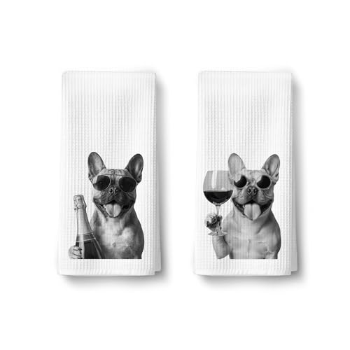 Funny French Bulldog Wine Kitchen Dish Towels Set of 2-Gifts for French Bulldog and Wine Lovers, Frenchie Gifts for Women Men Hand Tea Towels for Home Bar Kitchen, 16x24 Inches-036 - color: Wcolor 001