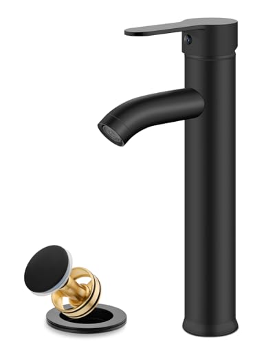 gotonovo Bathroom Vessel Sink Faucet Metal Pop Up Drain, Matte Black | Tall Bathroom Faucet 1 Hole Single Handle Modern Round Body, cUPC Water Supply Hoses, for Basin Vanity Lavatory Restroom Rv - color: Black